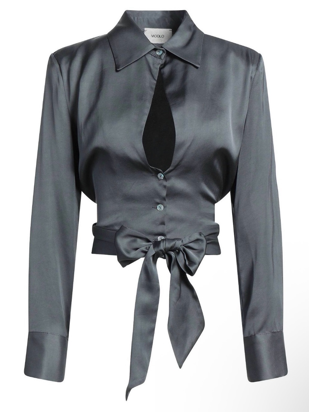 Satin Tie-Waist Button Front Blouse - Gray